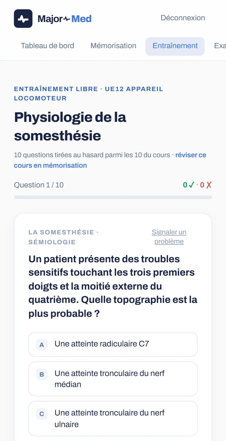 Une session de révision Major Med sur un téléphone : une question de sémiologie à cinq propositions, avec son chapitre et son bouton de signalement.