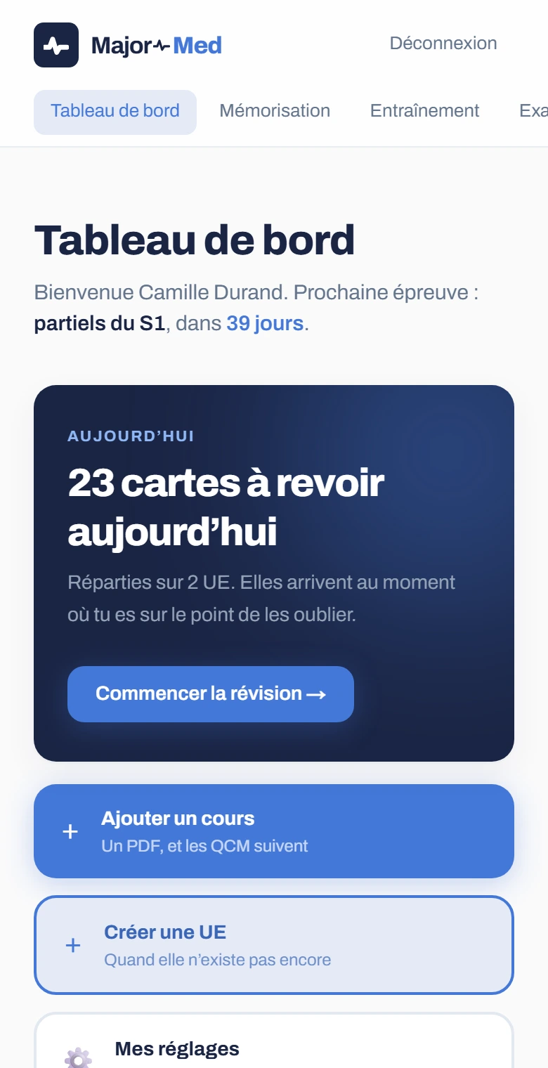 Le tableau de bord de Major Med sur un téléphone : les cartes à revoir aujourd’hui, le nombre de jours avant les partiels, et l’accès aux réglages.