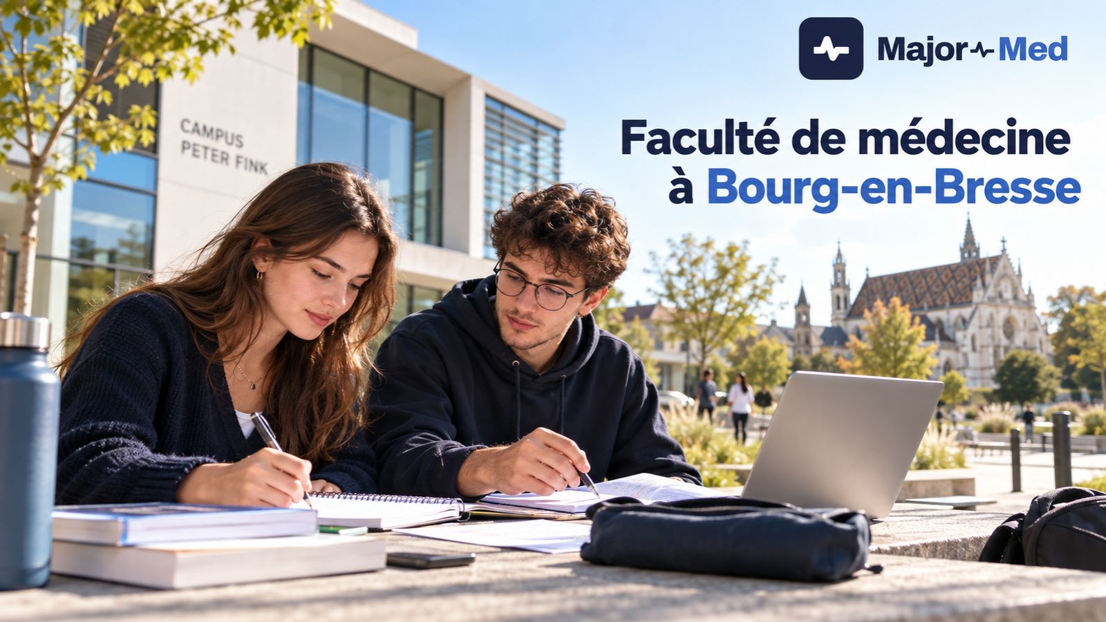 Deux étudiants révisent devant le campus Peter Fink, où se suit le PASS à Bourg-en-Bresse, le monastère royal de Brou en arrière-plan