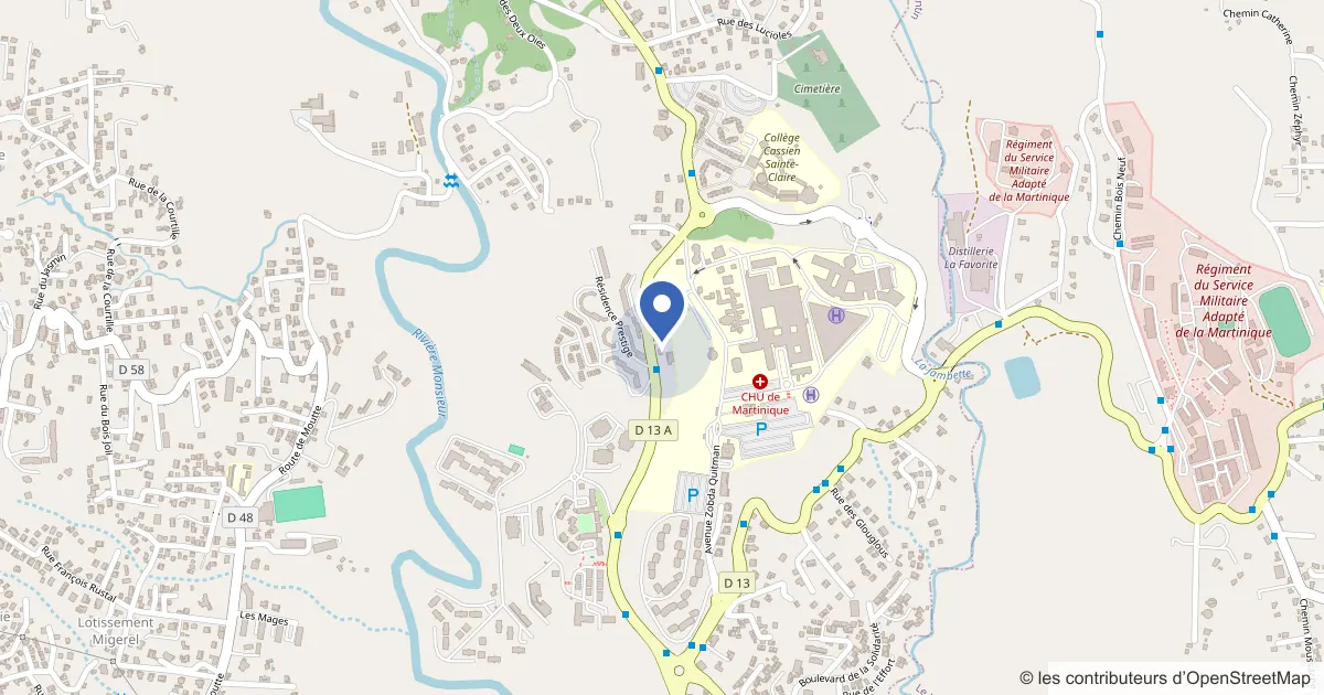Plan du quartier : UFR Santé, antenne de Martinique, CHU de la Meynard, 6e étage, BP 632, 97261 Fort-de-France