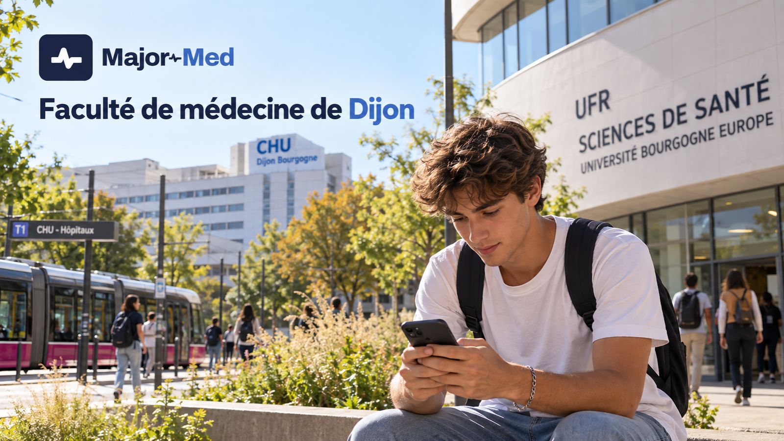 Un étudiant sur son téléphone devant l’UFR des Sciences de Santé de Dijon, le CHU et le tram T1 en arrière-plan