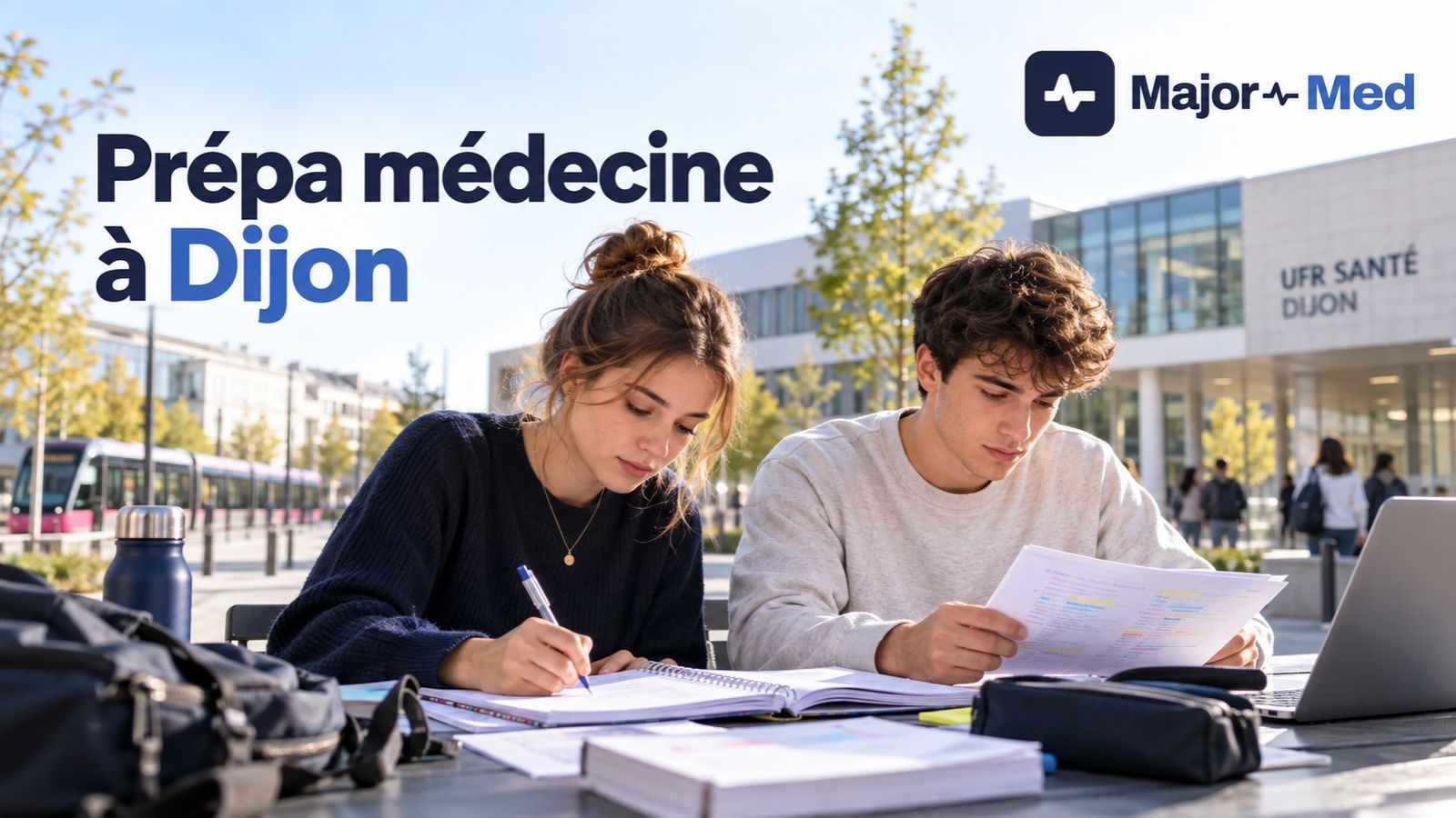 Deux étudiants révisent en terrasse devant l’UFR Santé de Dijon, prépa médecine à Dijon