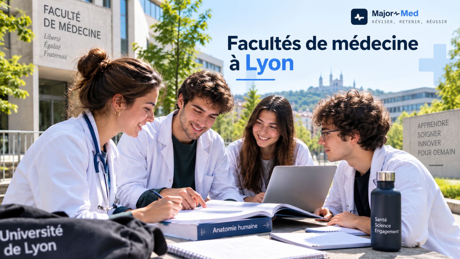 Quatre étudiants en médecine révisent devant la faculté, Fourvière en arrière-plan