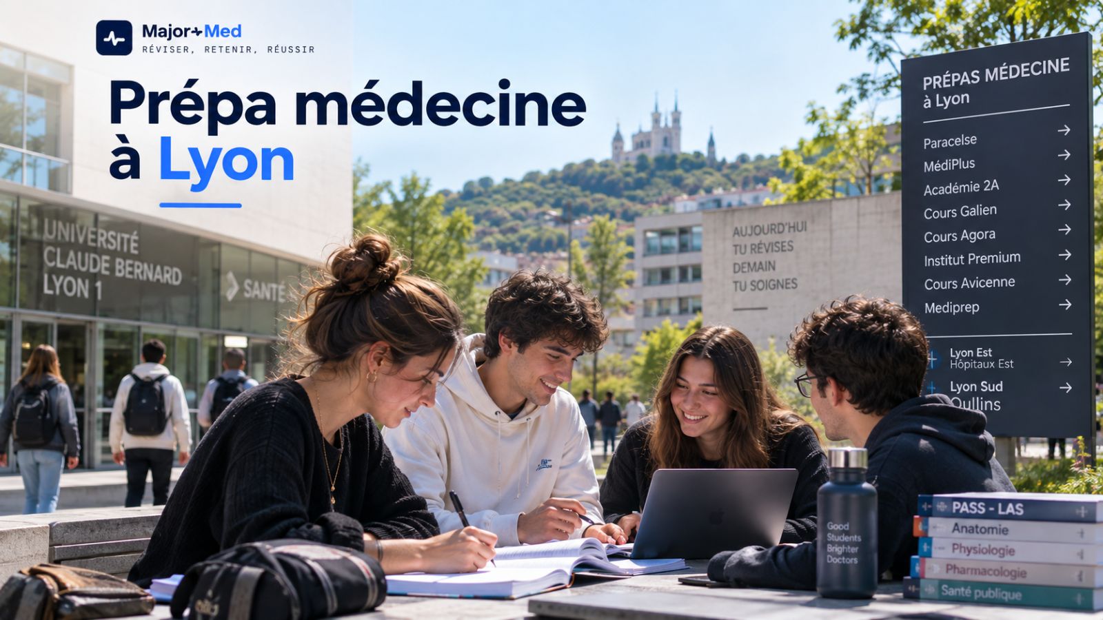 Quatre étudiants révisent devant l’université Lyon 1, un panneau liste les prépas médecine de Lyon