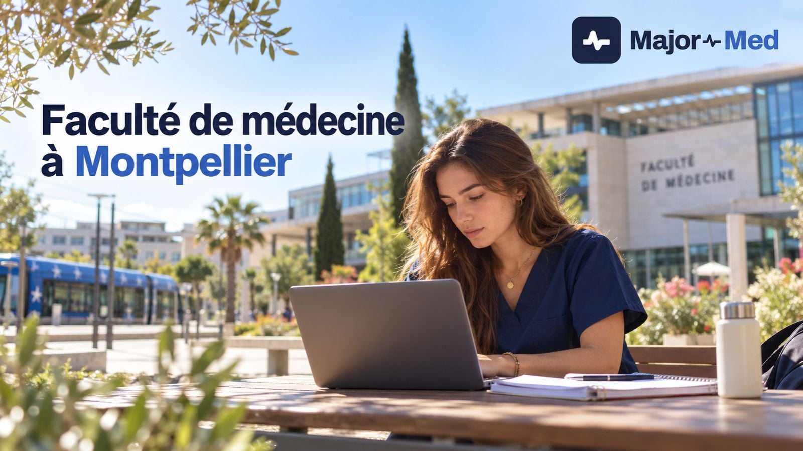 Une étudiante révise sur son ordinateur devant la faculté de médecine de Montpellier, le tramway en arrière-plan