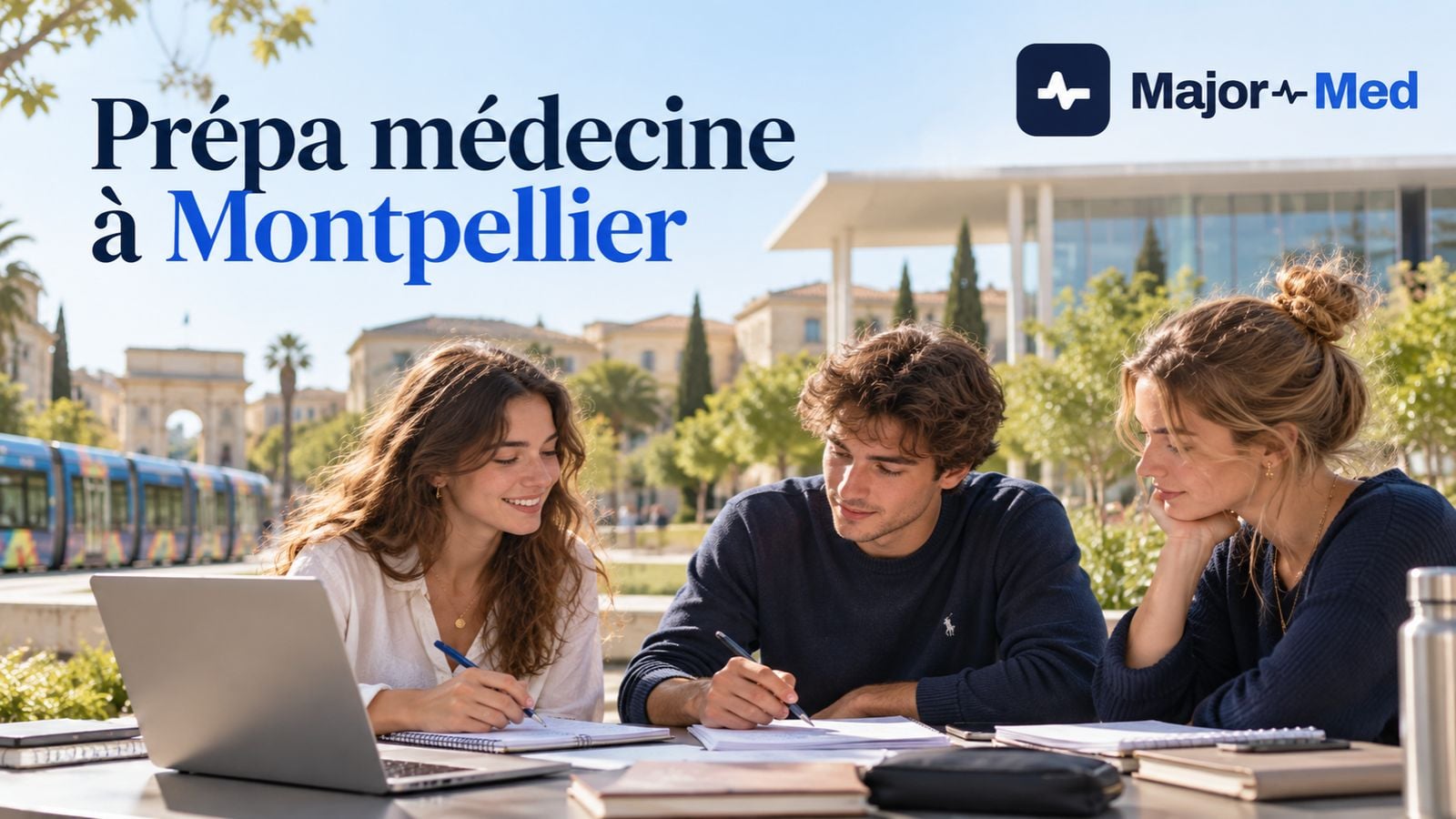 Trois étudiants révisent ensemble en terrasse à Montpellier, l’arc de triomphe et le tramway en arrière-plan, prépa médecine à Montpellier