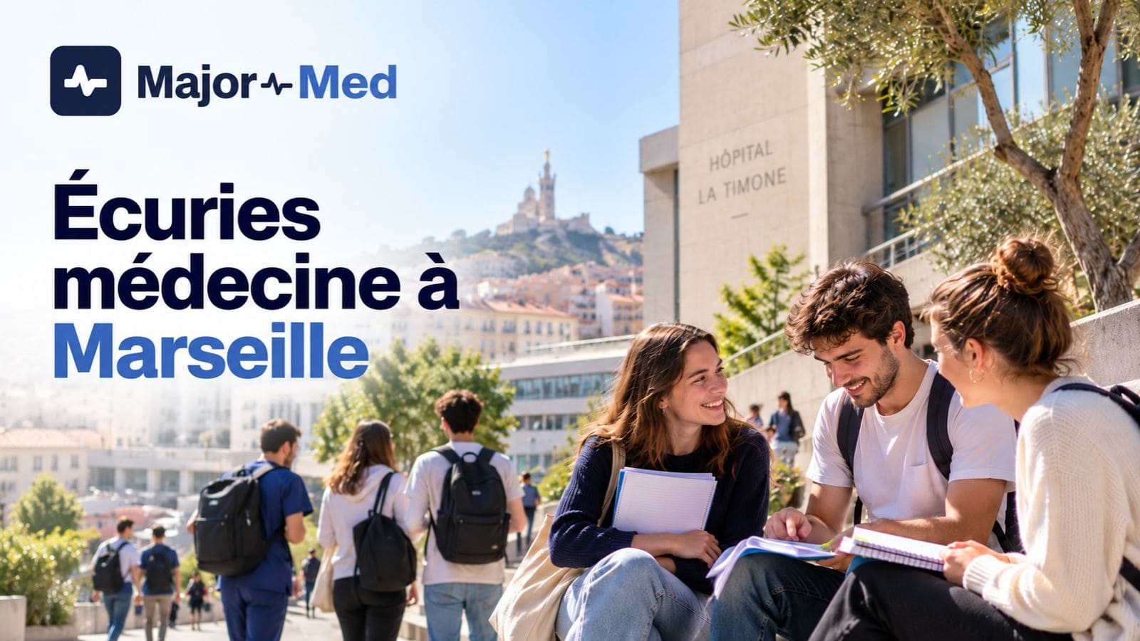 Trois étudiants en médecine révisent ensemble près de l’hôpital de la Timone, prépa et écurie médecine à Marseille